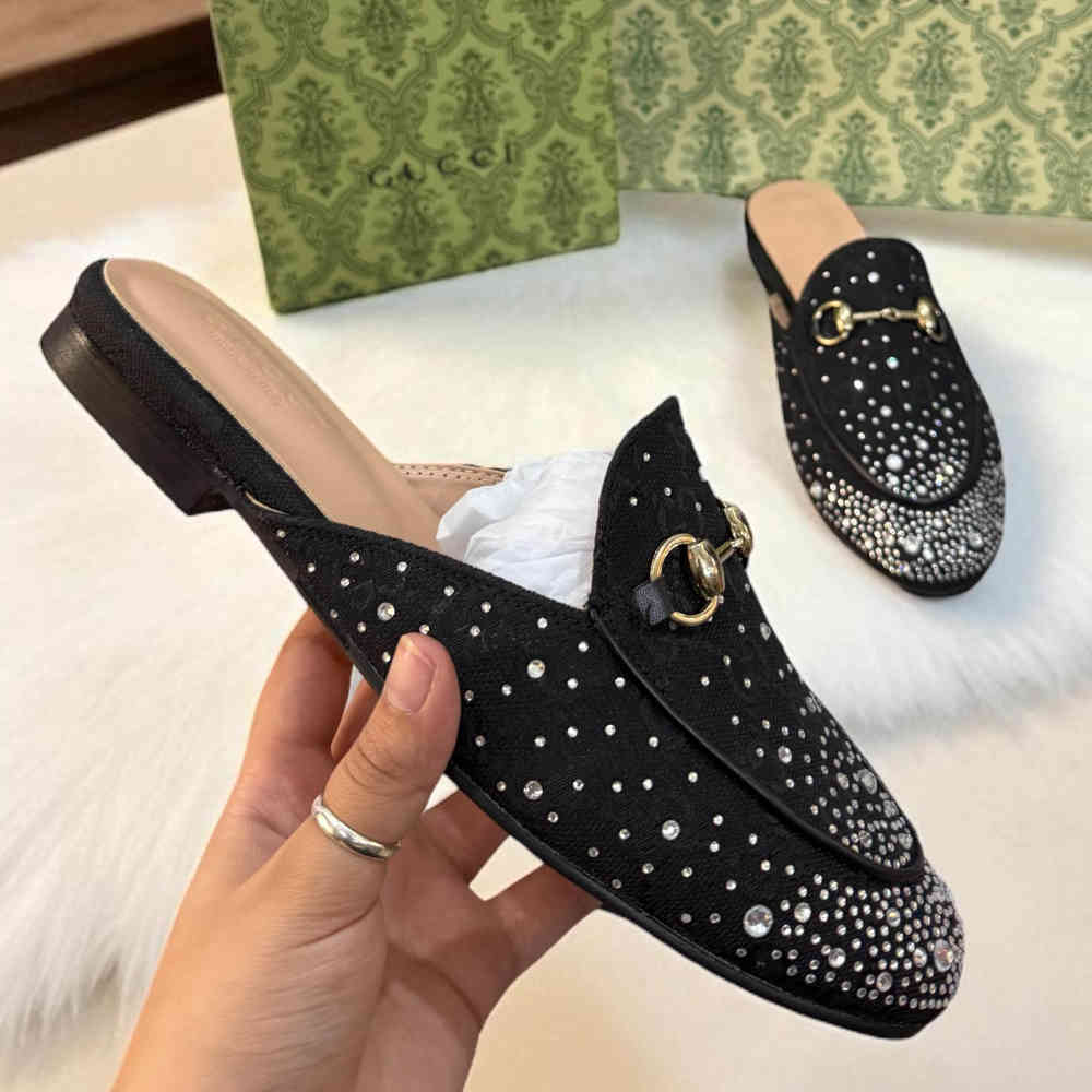Gucci GG Women's Princetown Black Flat Sandals with Crystal Horsebit-2