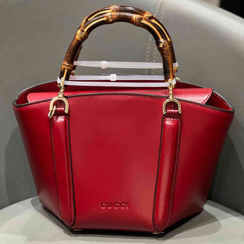Red Gucci Bamboo Top Handle Black Handbag