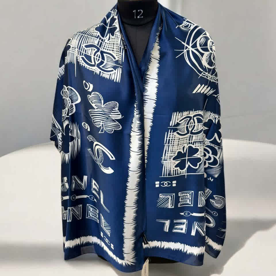 Blue Chanel Designer Cream Silk Stole