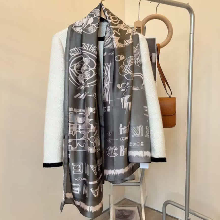 Chanel Designer Grey Silk Stole-thumb-2