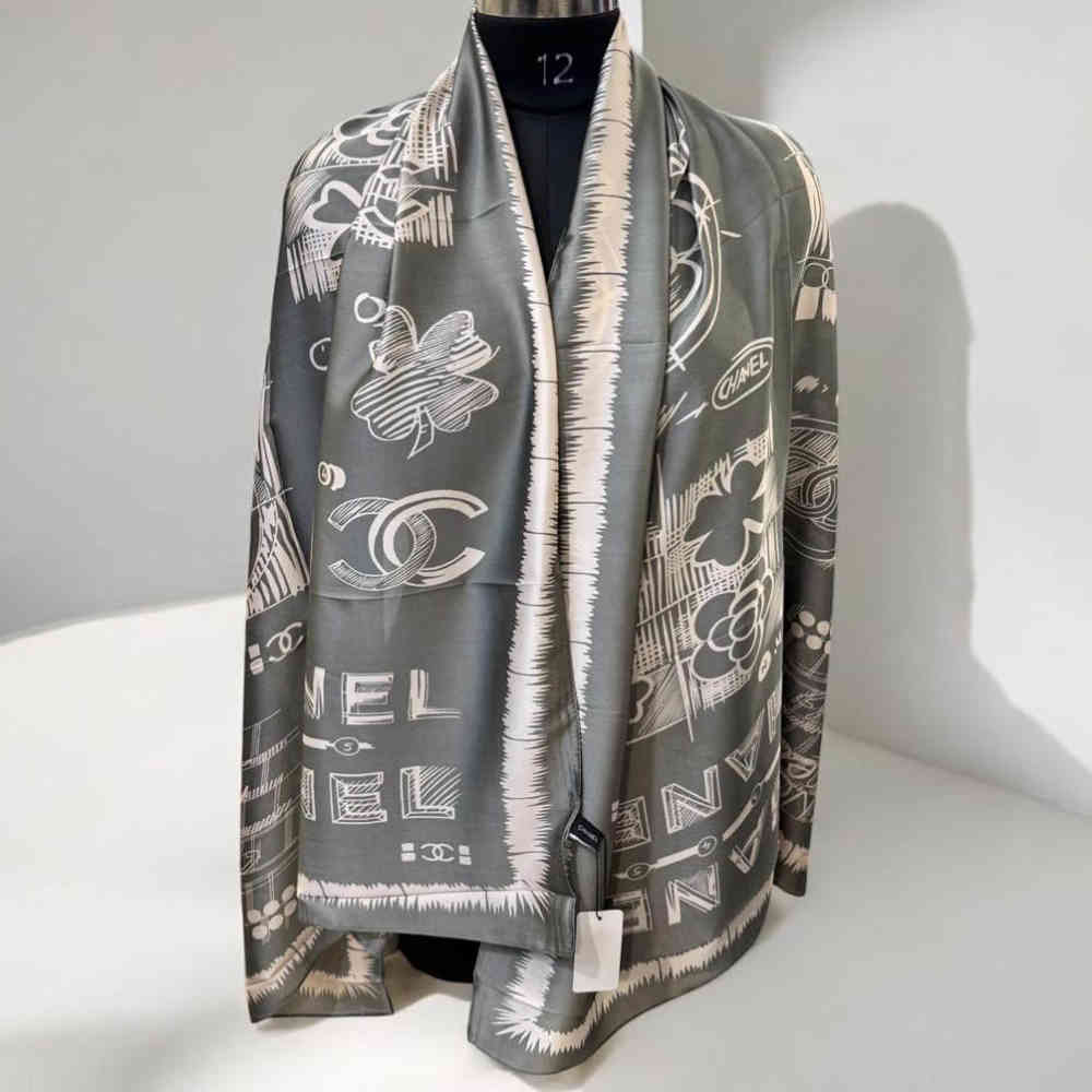 Grey Chanel Designer Cream Silk Stole