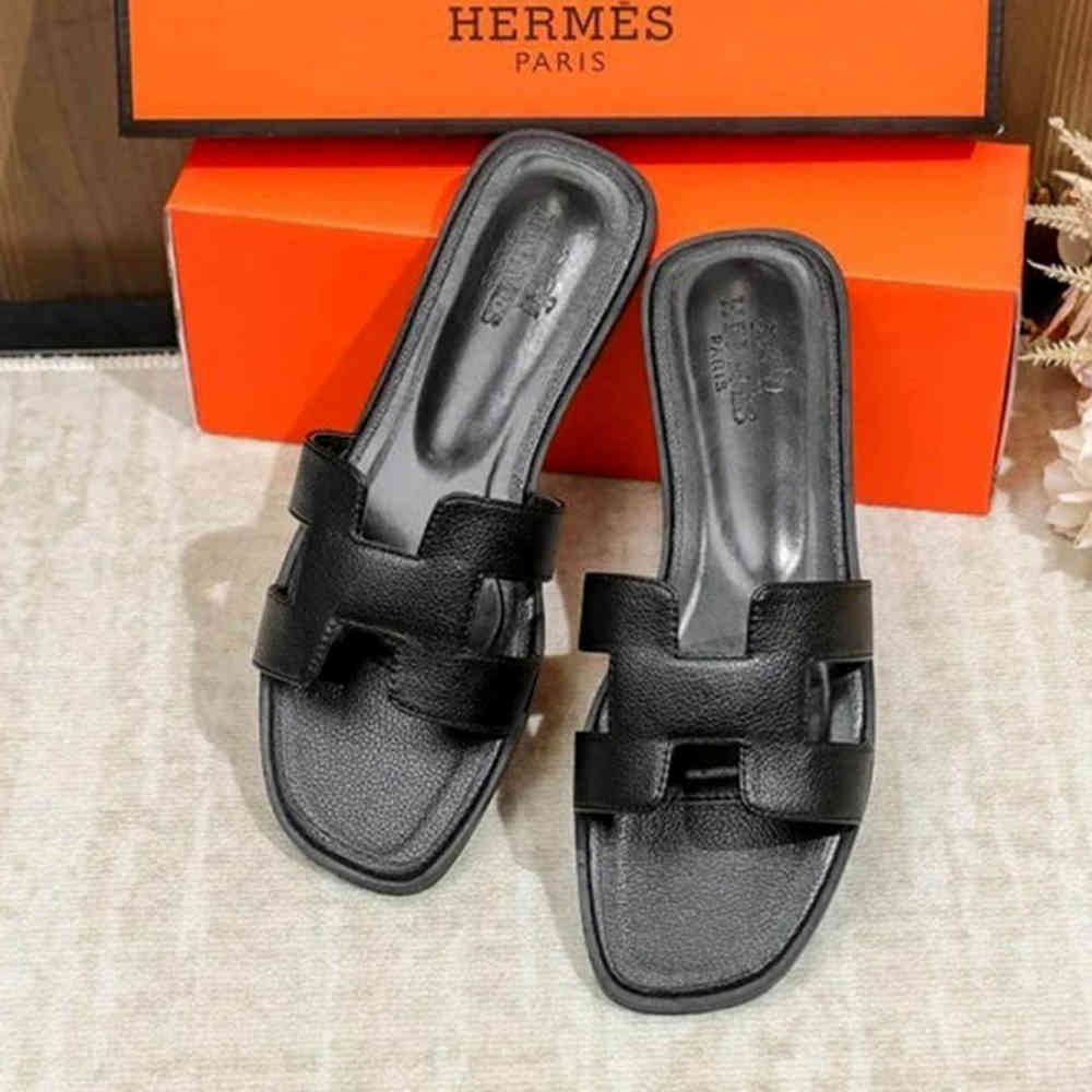 Black Hermes Orange Premium Quality Women's Flat Sandals