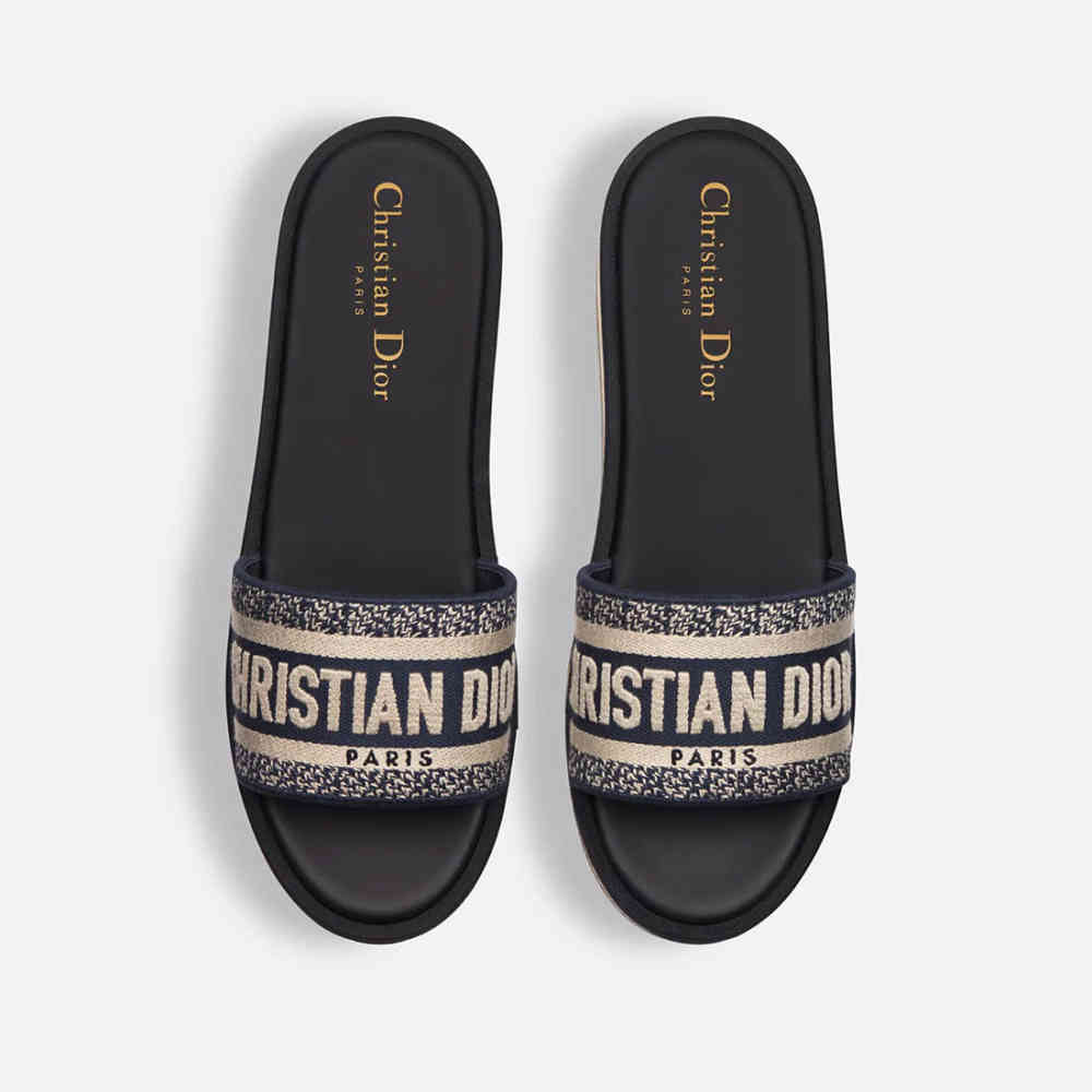 Dior Dway Platform Slide Deep Blue Embroidered Cotton Flat Sandals-thumb-2