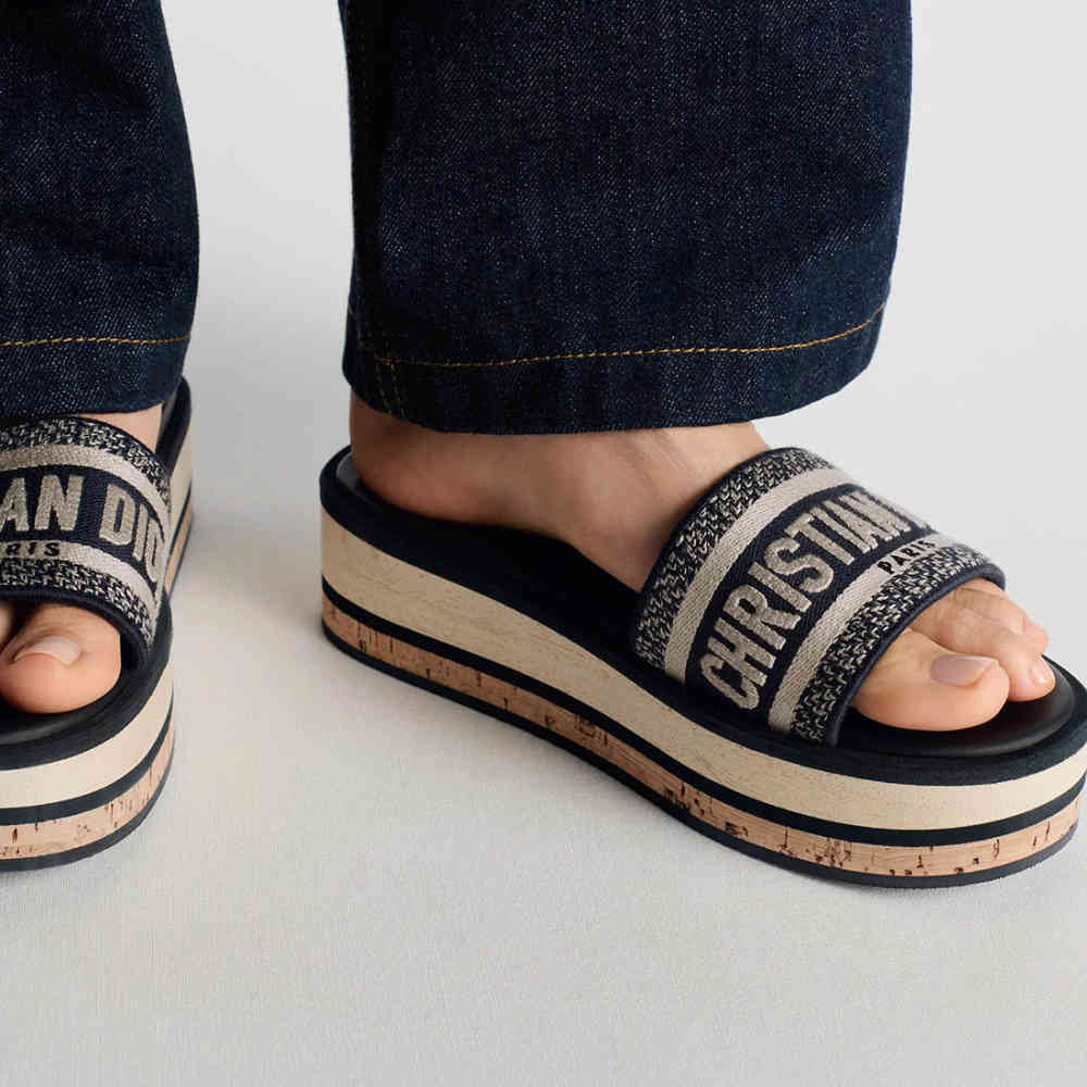 Dior Dway Platform Slide Deep Blue Embroidered Cotton Flat Sandals-thumb-3