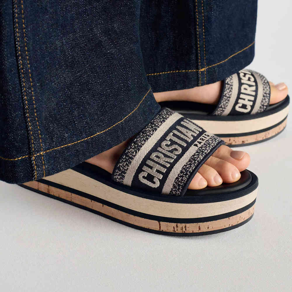 Dior Dway Platform Slide Deep Blue Embroidered Cotton Flat Sandals-thumb-4