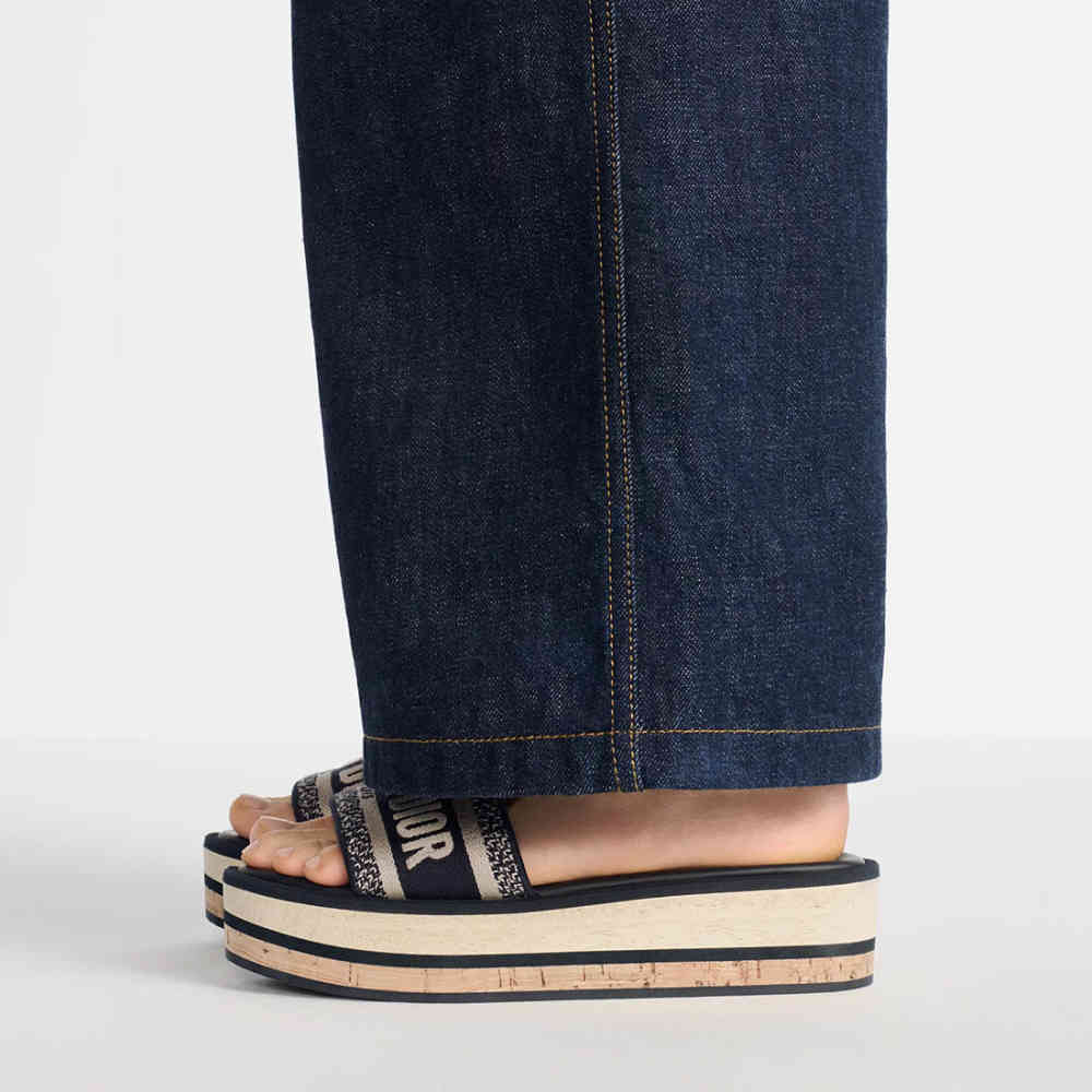 Dior Dway Platform Slide Deep Blue Embroidered Cotton Flat Sandals-thumb-6