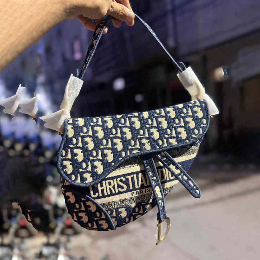 Blue Dior Saddle Plain Grained Leather Bag
