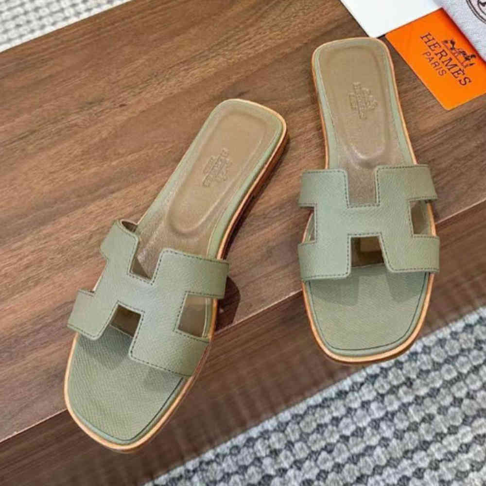 Hermes Oran Green Flat Sandals-1