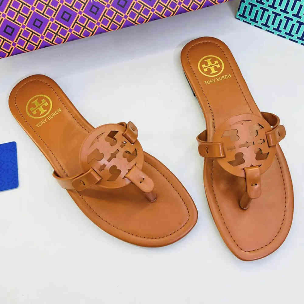 Brown Tory Burch Miller Beige Flat Sandal