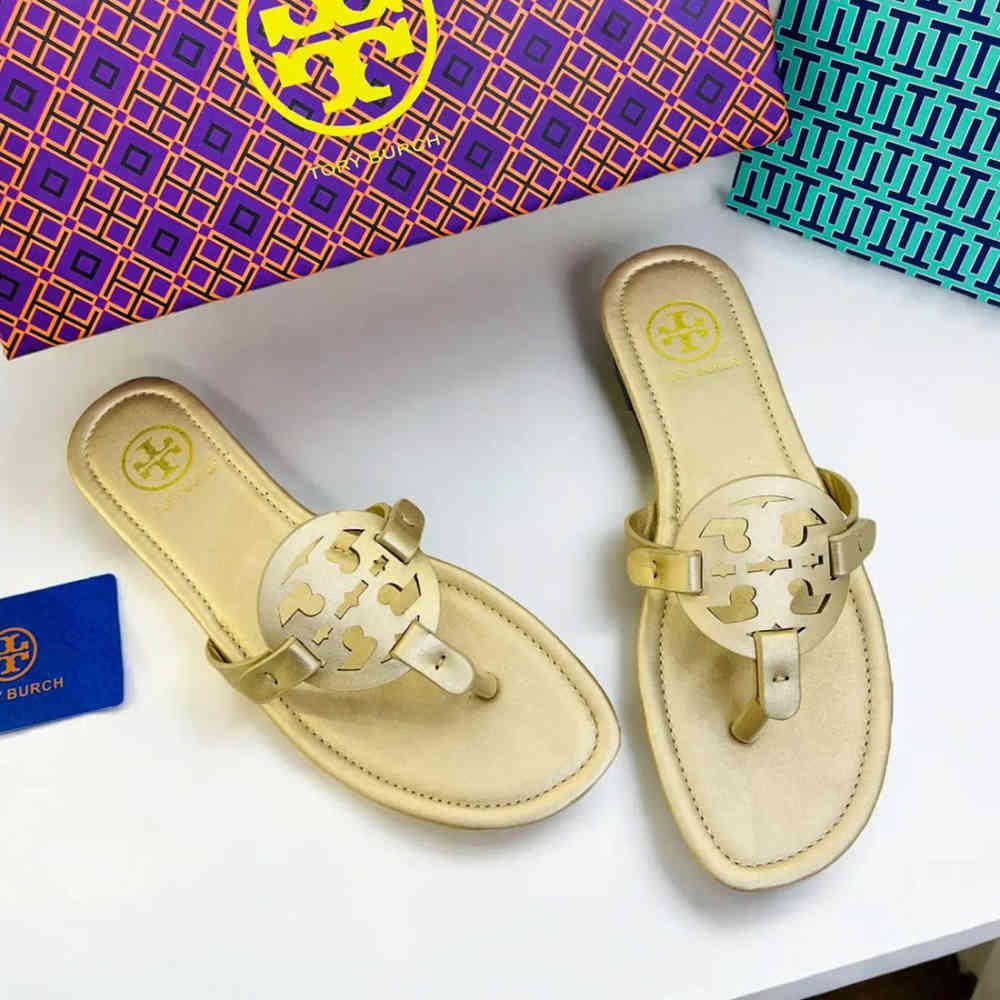 Golden Tory Burch Miller Beige Flat Sandal