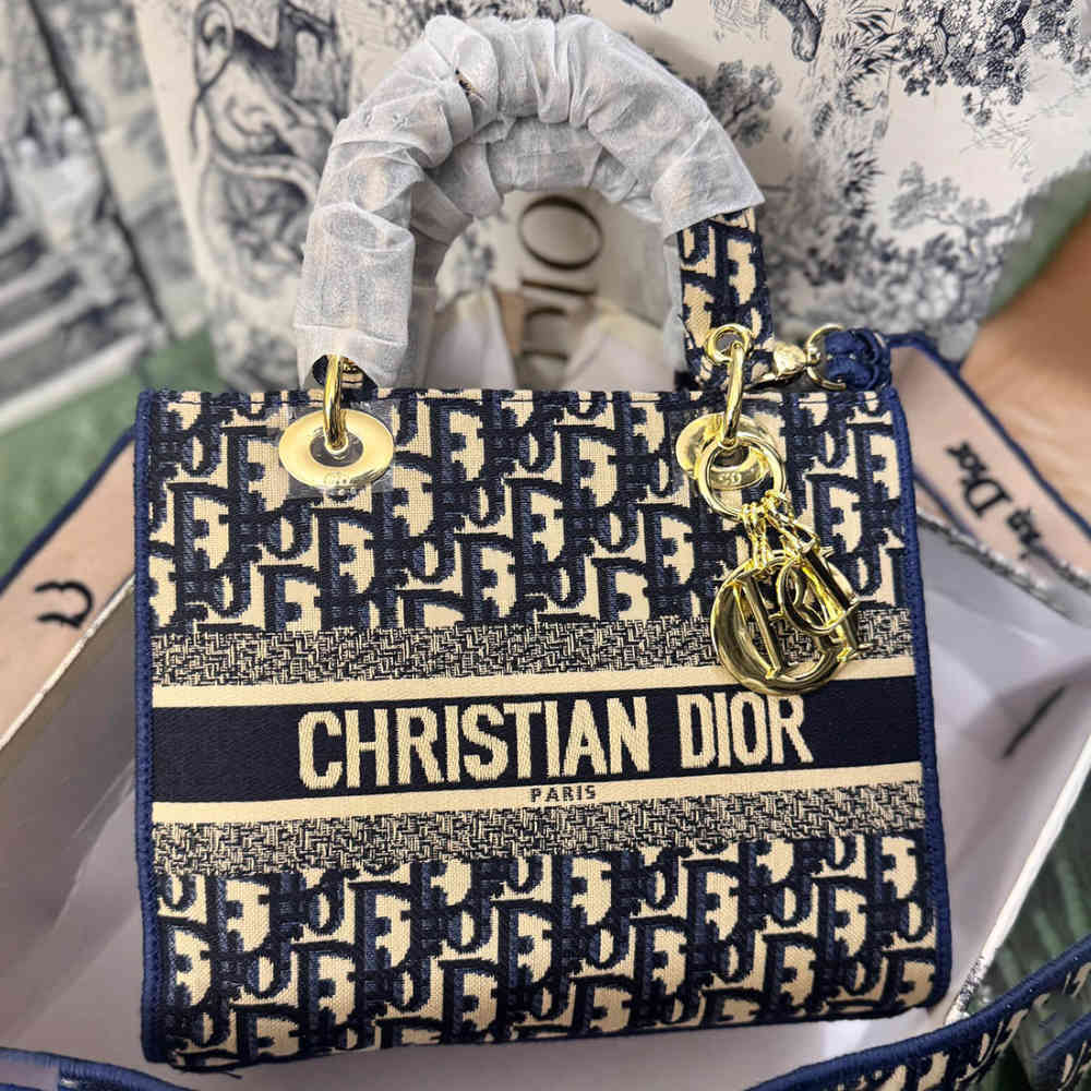 Blue Lady Dior Jacquard Cream Handbag