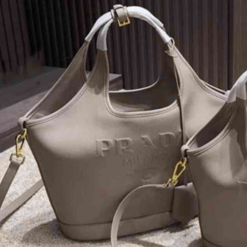 Beige Prada Embossed Logo Black Handbag