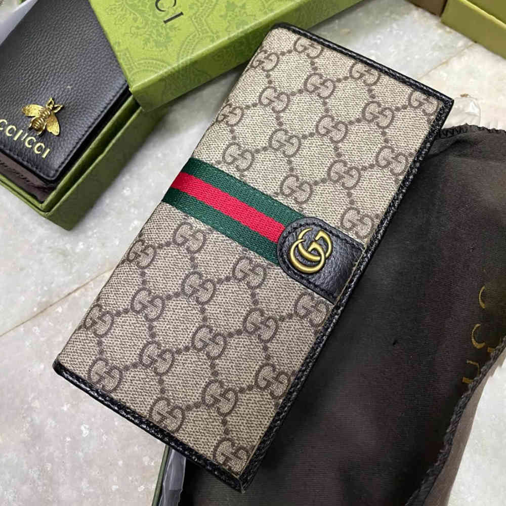 Beige Gucci GG Supreme Monogram Black Long Wallet