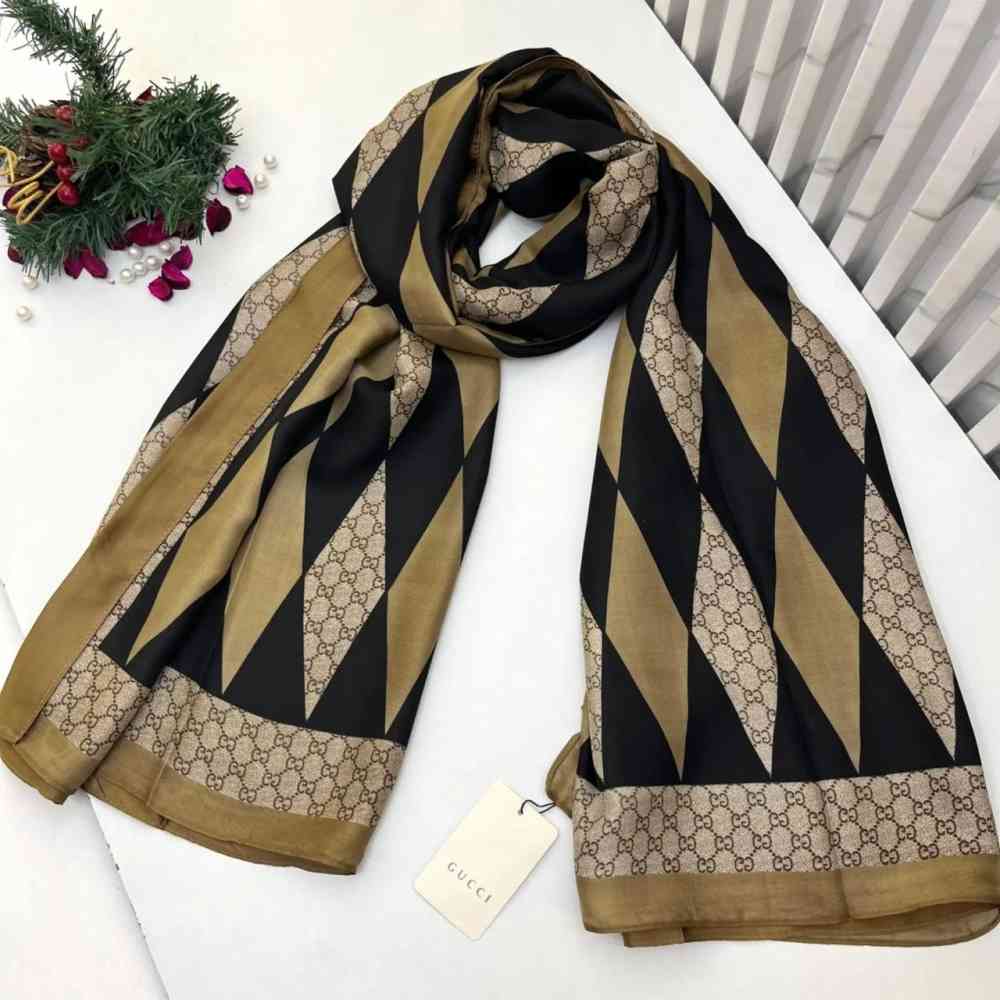 Black Gucci Designer White Silk Stole