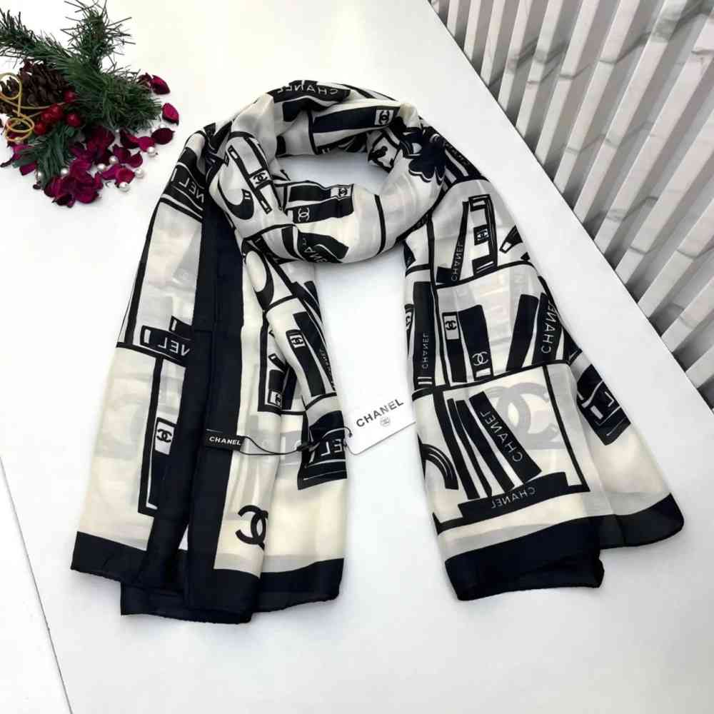 White Chanel Premium Quality Black Silk Stole