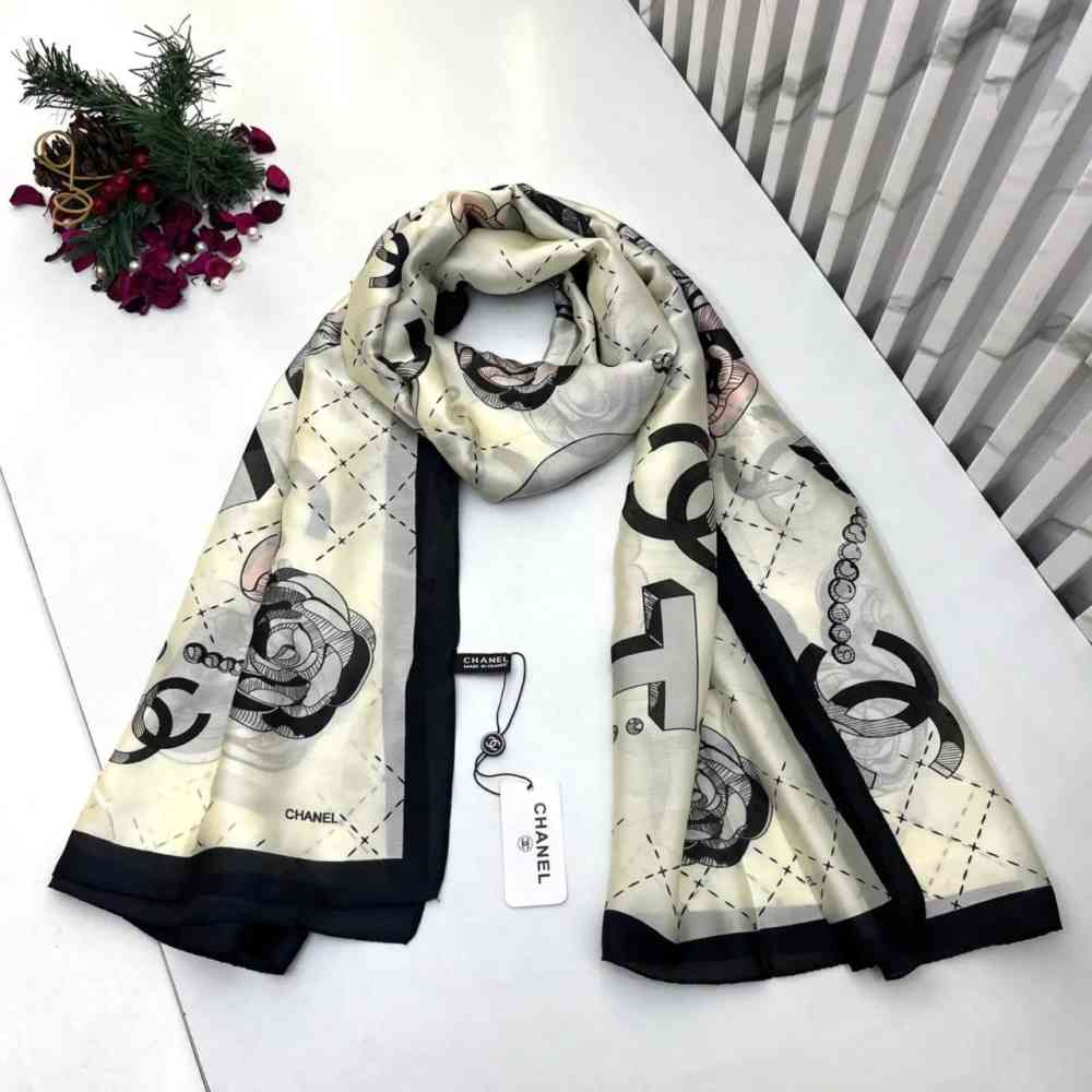 White Chanel Premium Quality Black Silk Stole