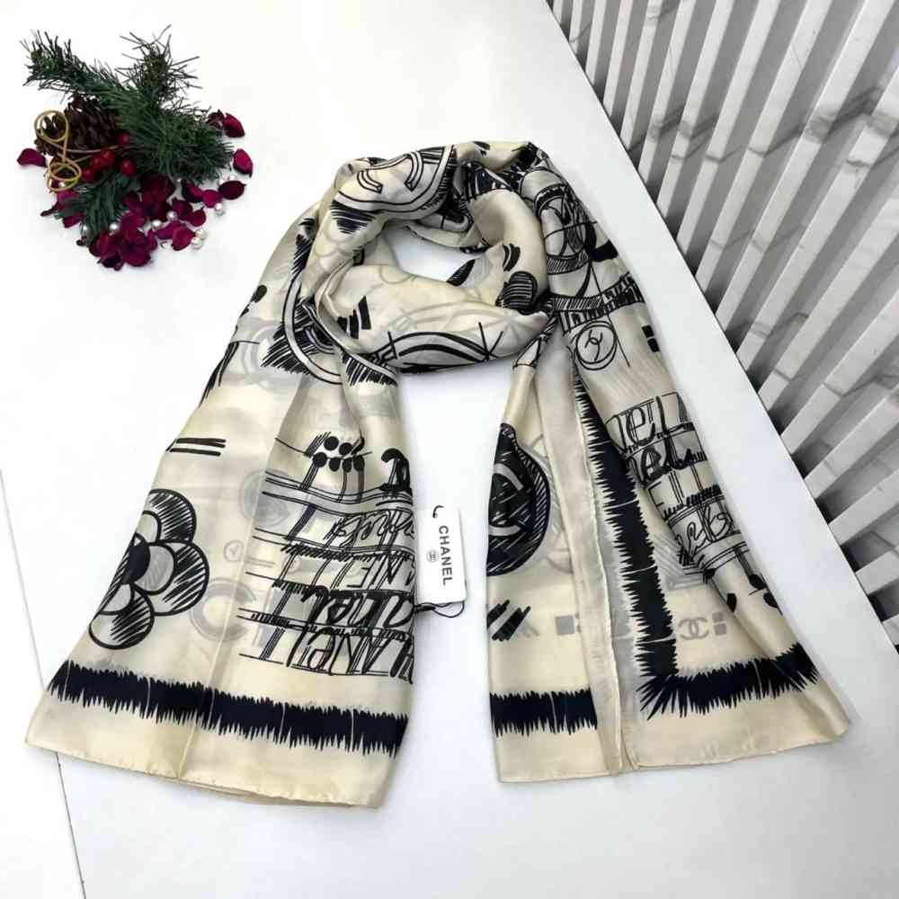 White Chanel Designer Black Silk Stole