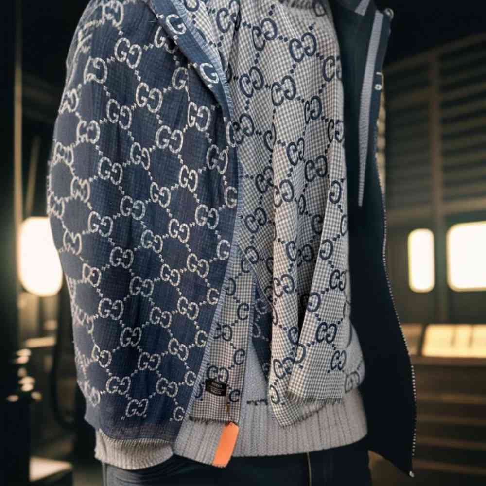 Blue Gucci GG Monogram Logo Green Silk Stole