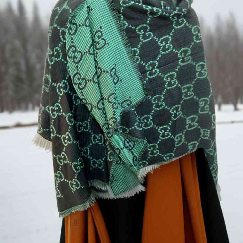 Gucci GG Monogram Logo Green Silk Stole-thumb-1