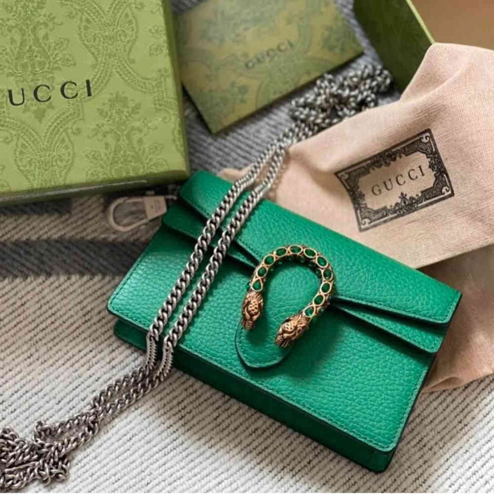 Green Gucci Crystal Dragon Black Leather Sling Bag
