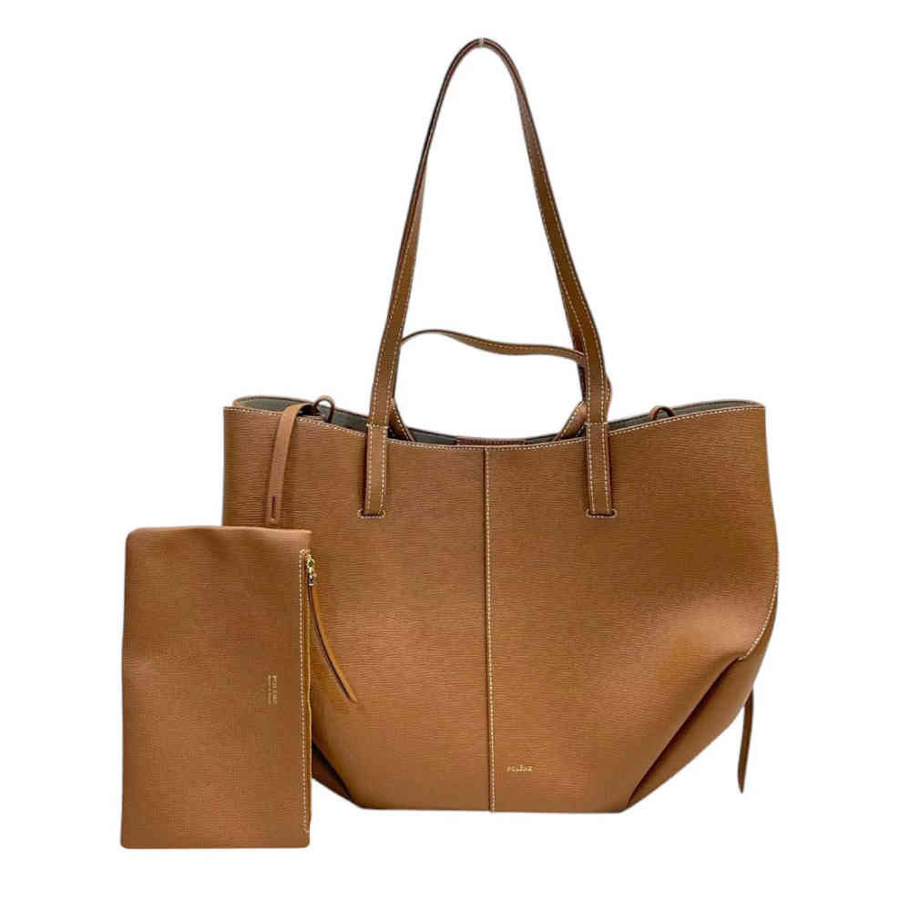 Brown Polene Grained Black Leather Tote Bag