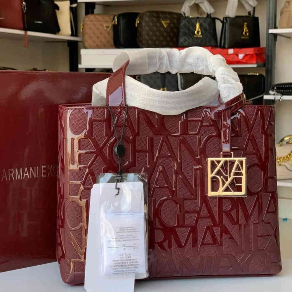 Armani Exchange Glossy Wine Embossed Logo HandBag-thumb-0