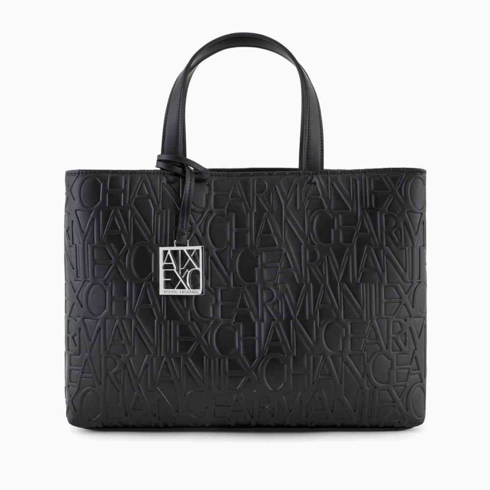 Armani Exchange Glossy Black Embossed Logo HandBag-thumb-0