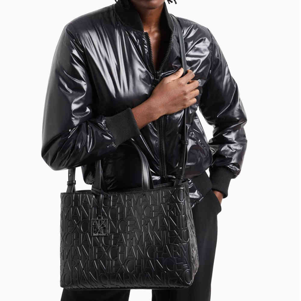 Armani Exchange Glossy Black Embossed Logo HandBag-thumb-5