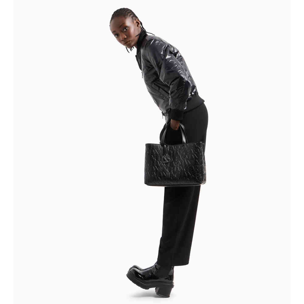 Armani Exchange Glossy Black Embossed Logo HandBag-thumb-6