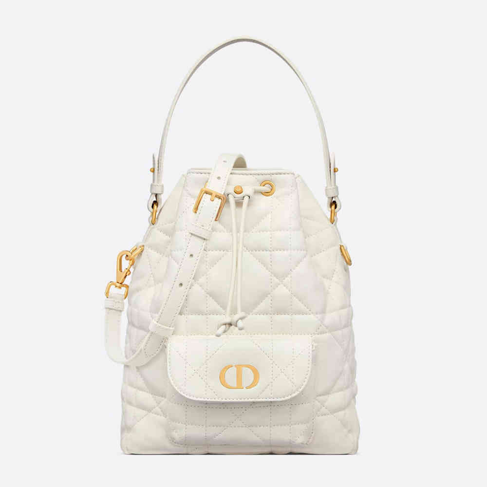 White Dior Caro Mini Brown Bucket Bag
