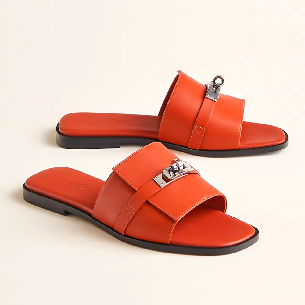 Hermes Paris Birkin Orange Premium Quality Women's Flat Sandals-thumb-2