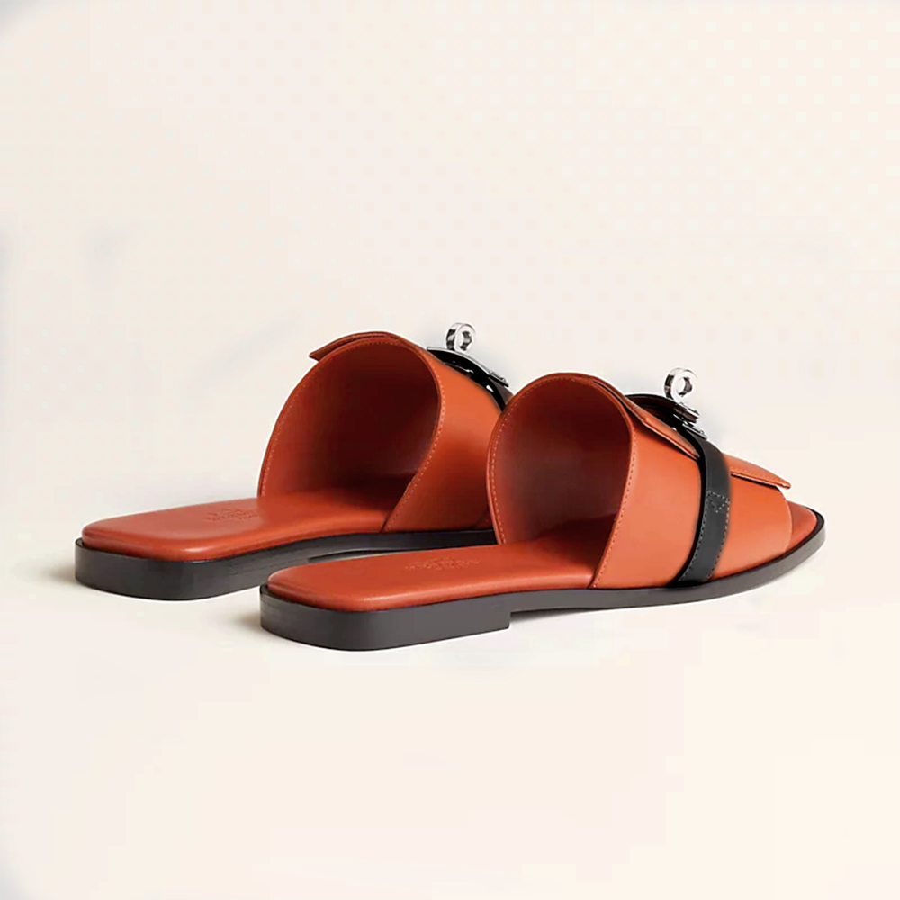 Hermes Paris Birkin Orange & Black Premium Quality Women's Flat Sandals-thumb-1