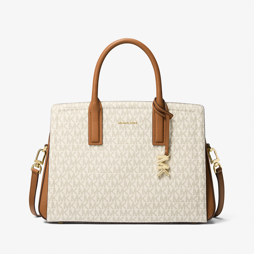 White Michael Kors Signature Laila Medium Brown Leather Tote Bag