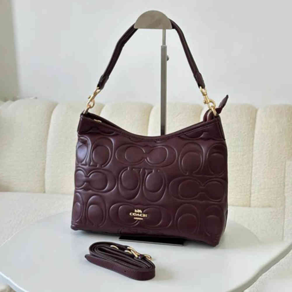 Wine Coach Emboss Laurel Beige Shoulder Bag