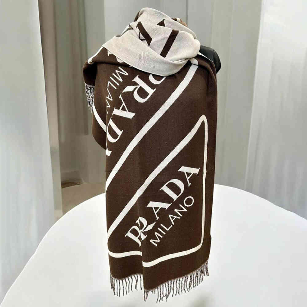 Prada Milano Symbole Reversible Dark Brown Wool-Cashmere Scarf-2