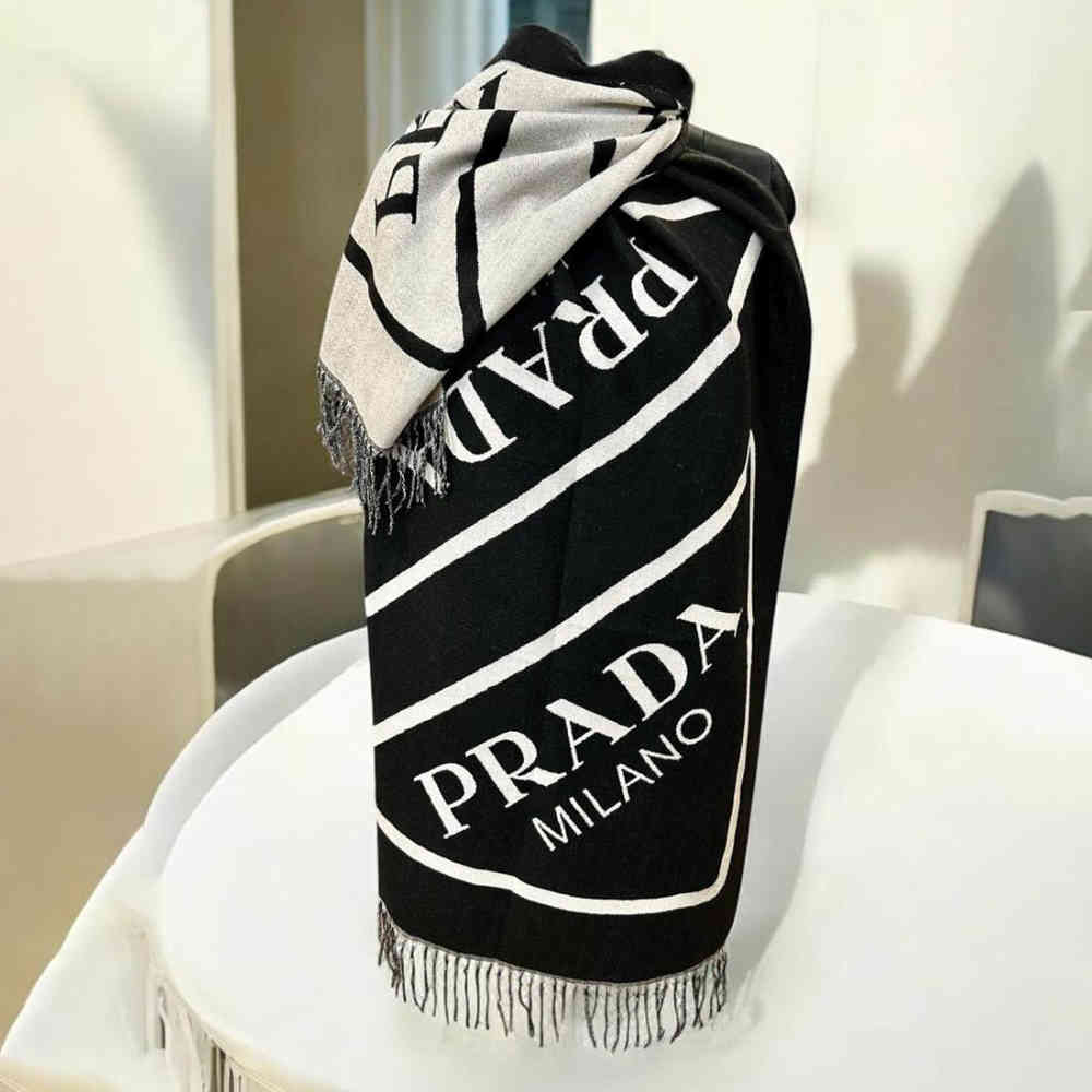 Black Prada Milano Symbole Reversible Wool-Cashmere Scarf