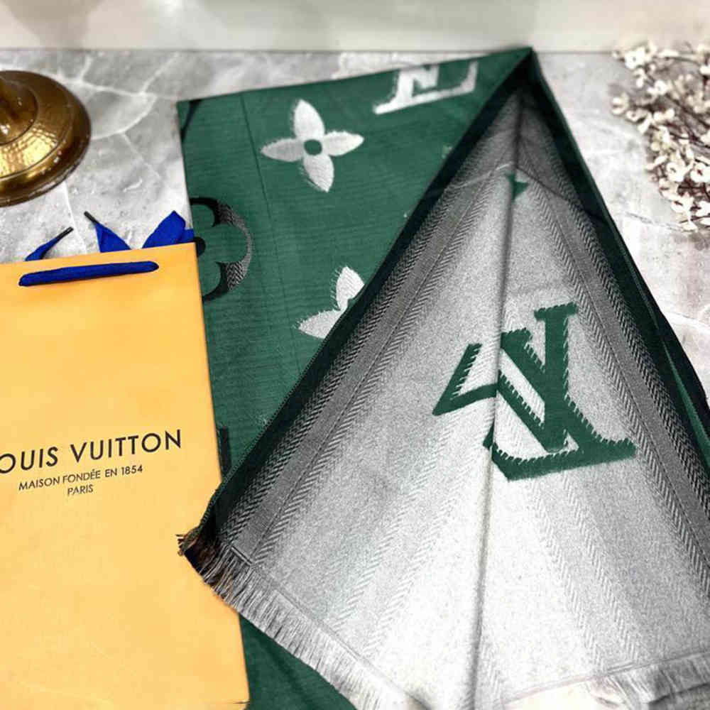 Green Louis Vuitton Dark Brown Cashmere Wool Blend Scarf