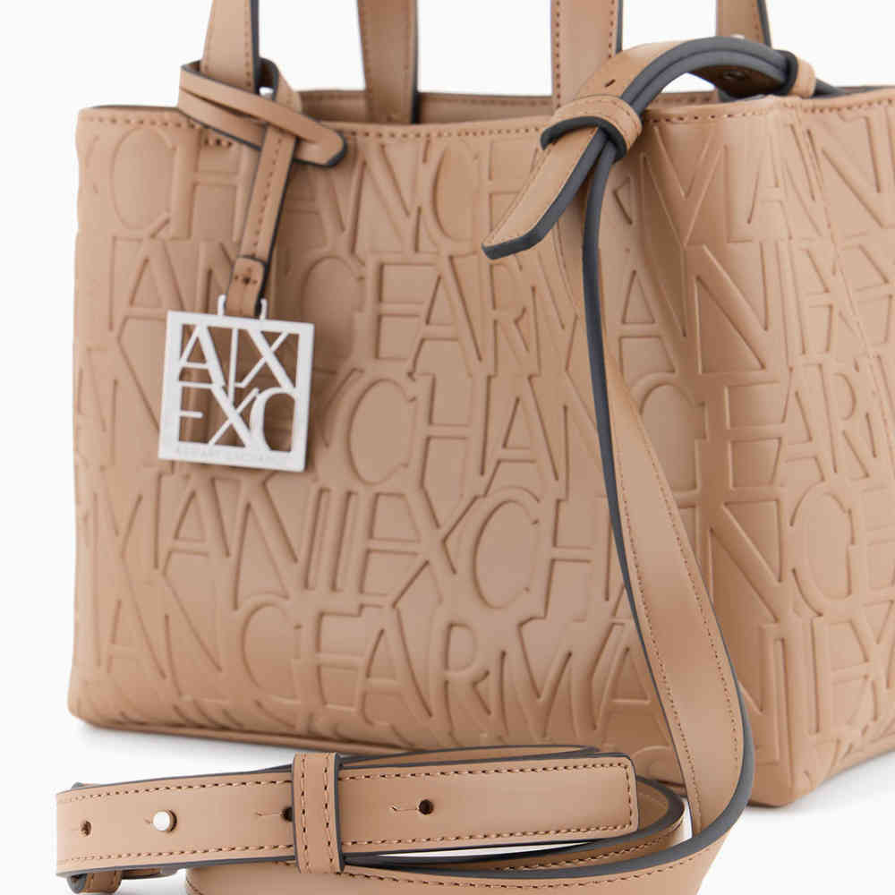 Armani Exchange Glossy Embossed Logo Beige HandBag-thumb-2