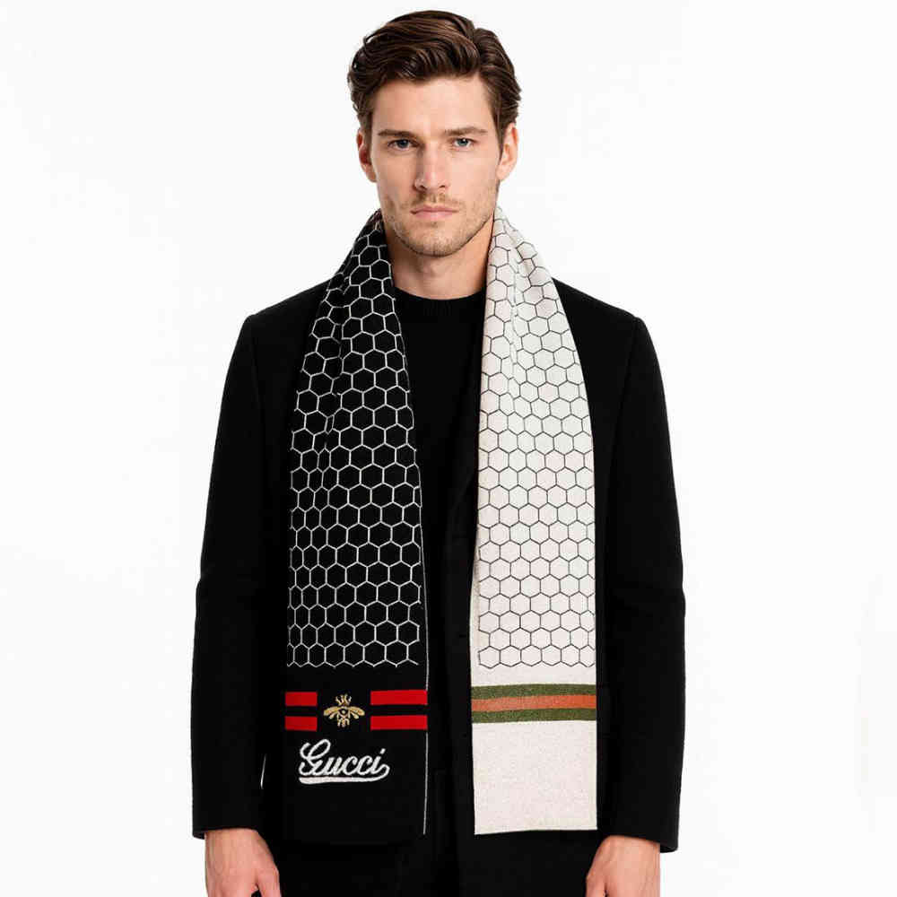 Gucci Bee Honeycomb Pattern Black Woolen Muffler-thumb-0