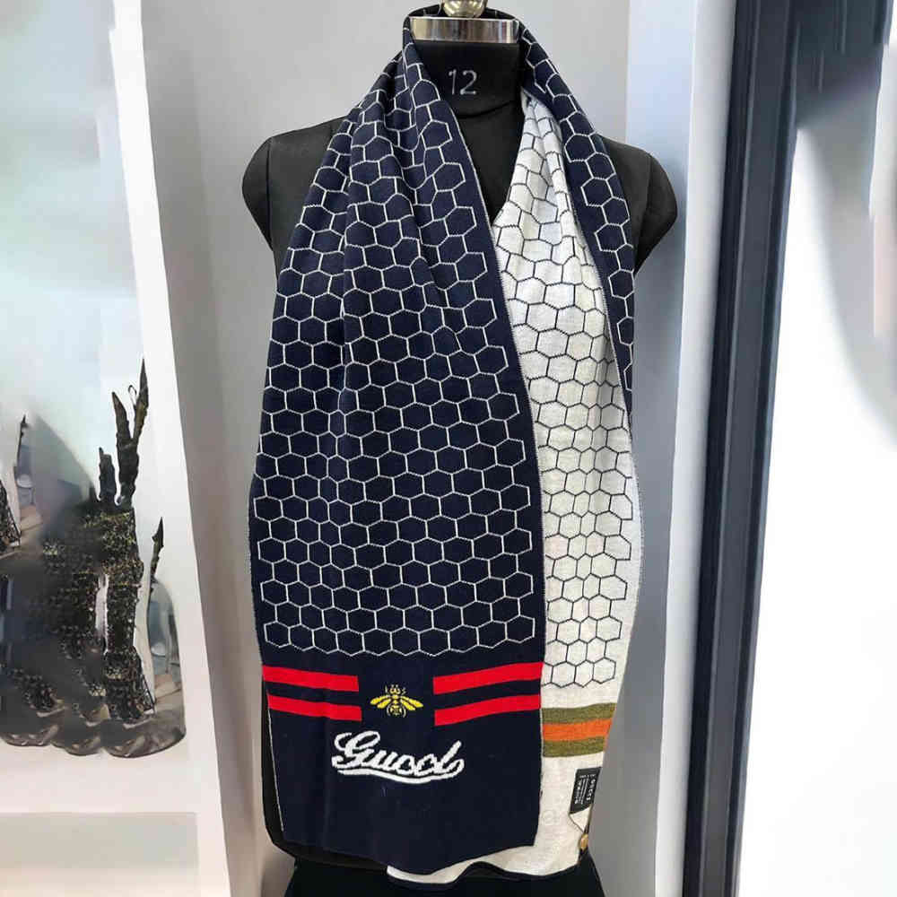 Gucci Bee Honeycomb Pattern Blue Woolen Muffler-thumb-1