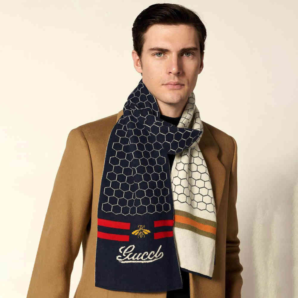 Gucci Bee Honeycomb Pattern Blue Woolen Muffler-thumb-0