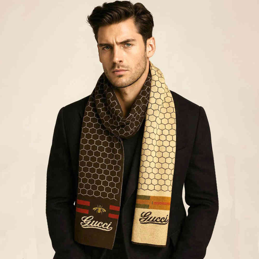 Gucci Bee Honeycomb Pattern Brown Woolen Muffler-thumb-0
