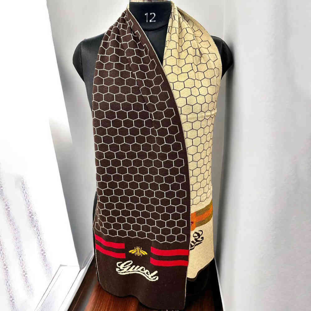 Brown Gucci Bee Honeycomb Pattern Black Woolen Muffler