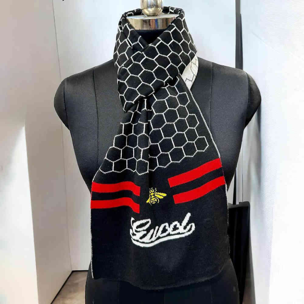 Gucci Bee Honeycomb Pattern Black Woolen Muffler-1