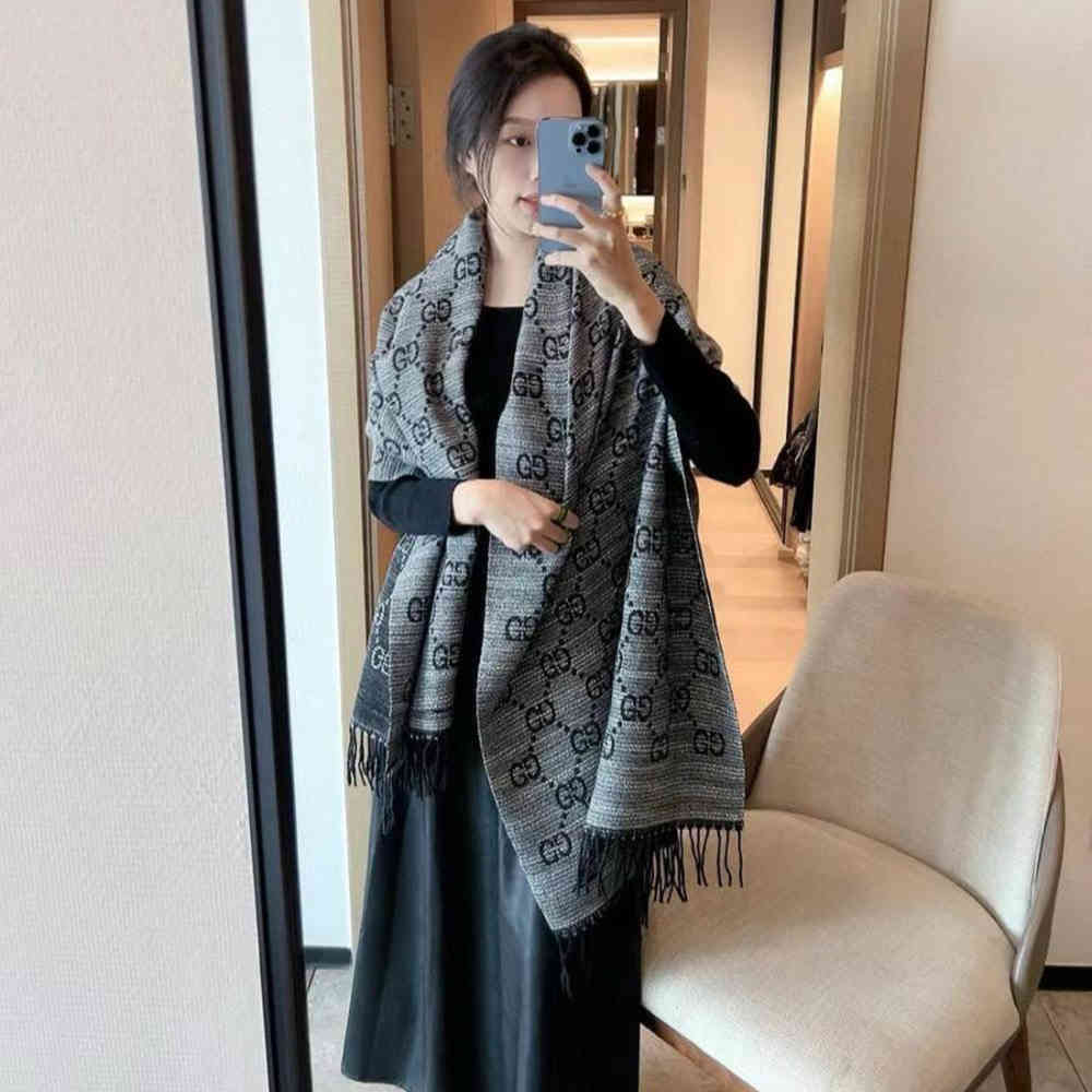 Gucci GG Monogram Bee Warm Grey & Black Woolen Stole-1