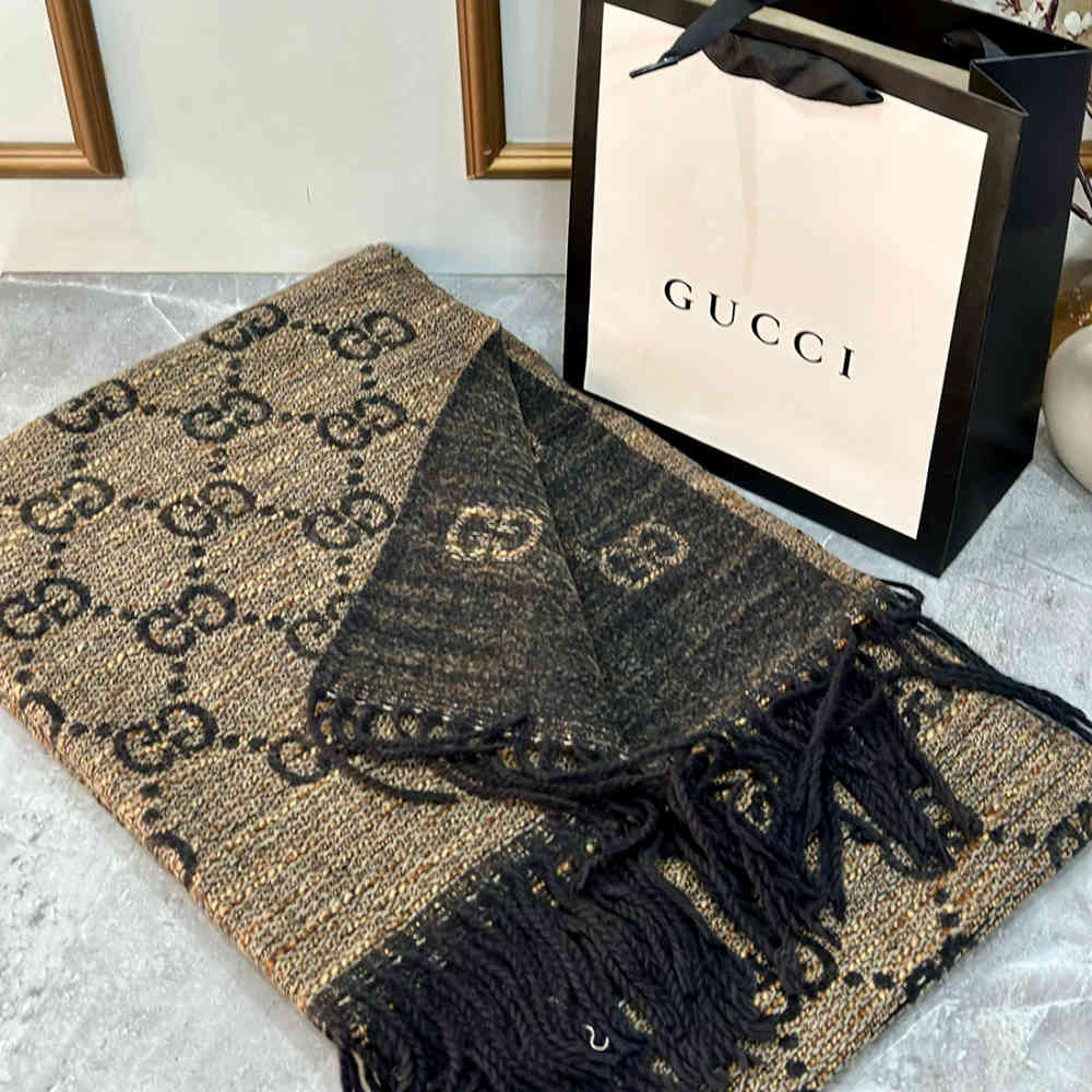 Brown & Black Gucci GG Monogram Bee Warm Brown Woolen Stole