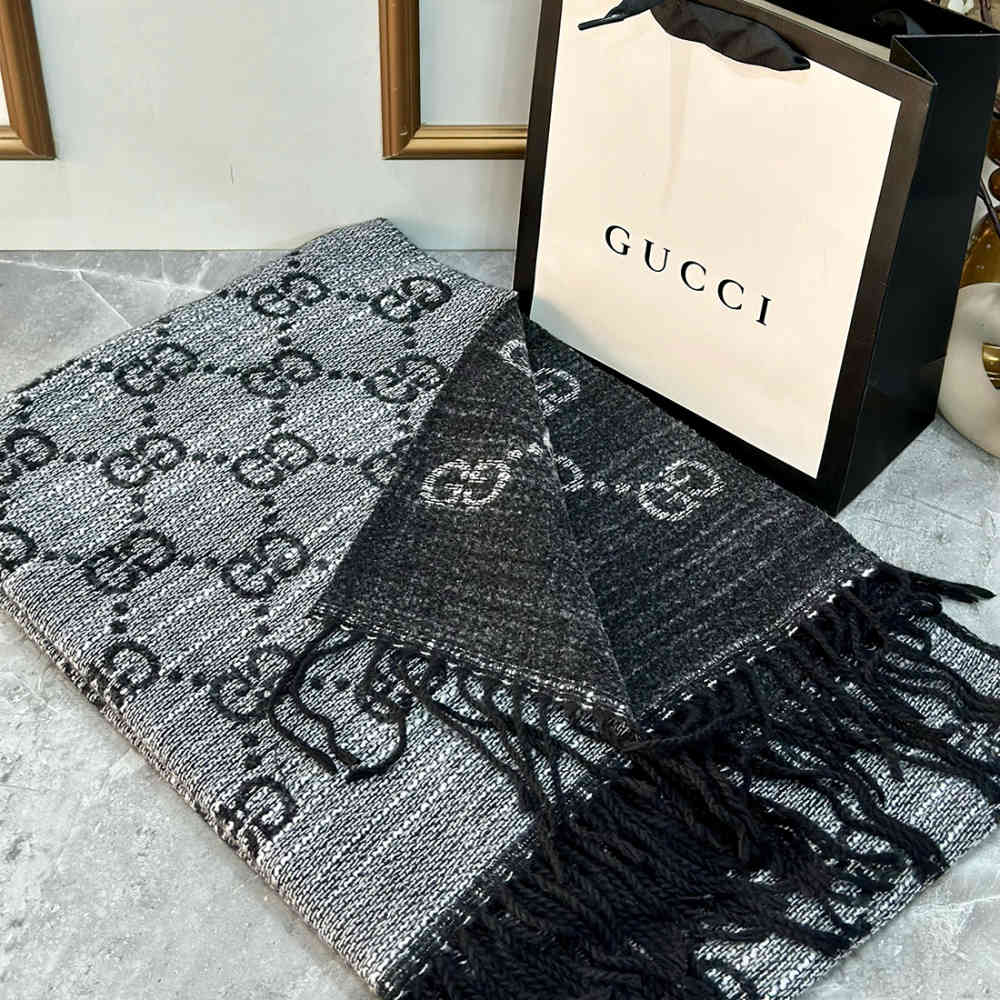 Gucci GG Monogram Bee Warm Grey & Black Woolen Stole-thumb-0