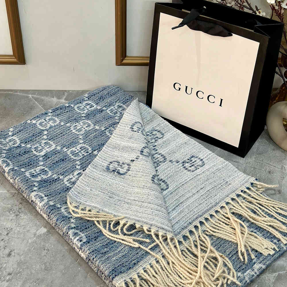 Blue Gucci GG Monogram Bee Warm Brown & Green Woolen Stole