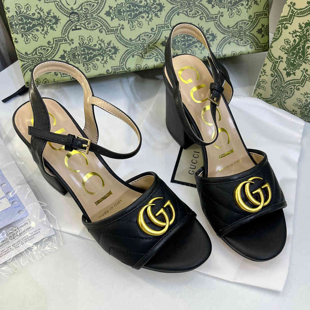 Black Gucci Marmont Silver Mid High Heel Sandals