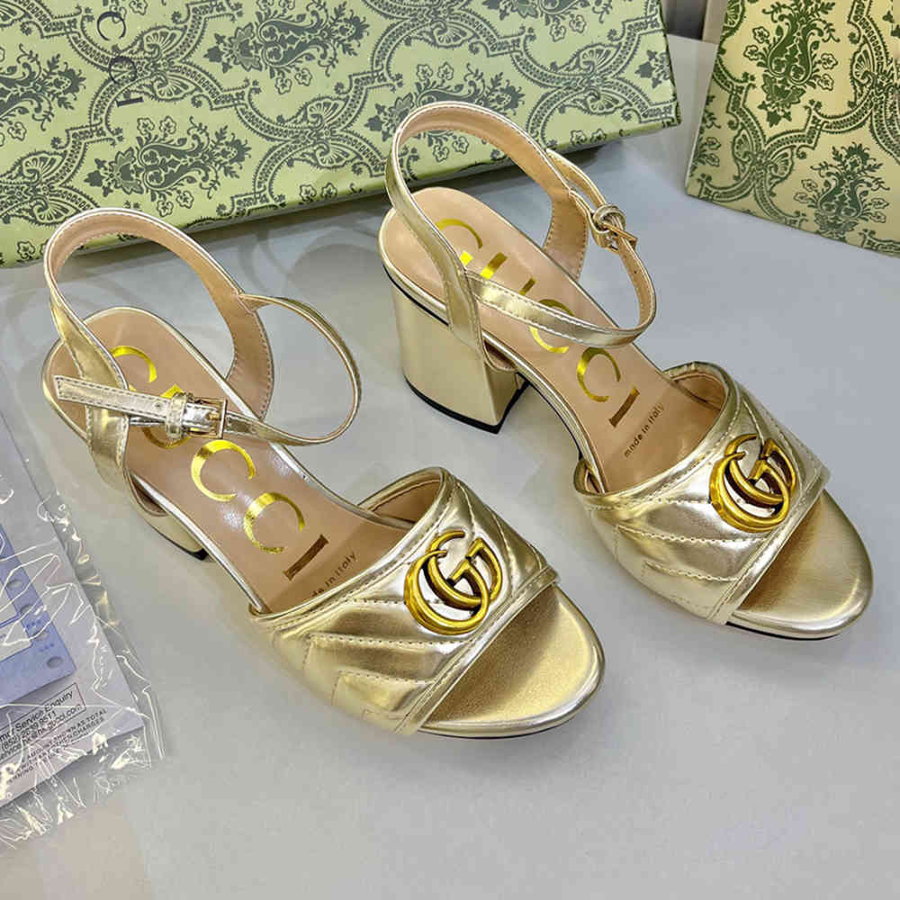 Golden Gucci Marmont Silver Mid High Heel Sandals